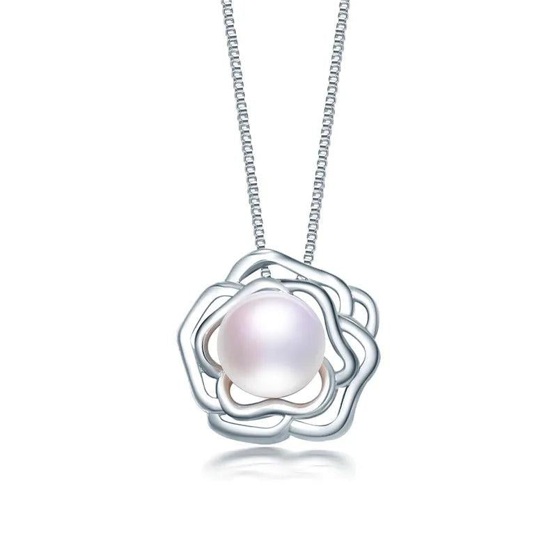 925 Silver Flower Pendant with Freshwater Pearl Necklace for Women