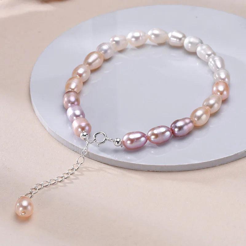 Freshwater Pearls Rice Shape Multicolored Bracelet S925 Silver Chain