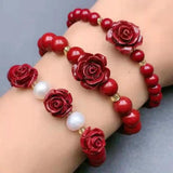 Natural Red Organic Cinnabar Roses Flower Bracelet Women Fine Jewelry