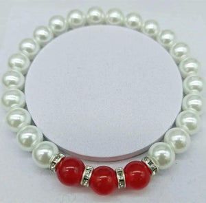 8mm Shell Pearl & Red Jade Beads Bracelet 7.5 Inch