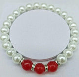 8mm Shell Pearl & Red Jade Beads Bracelet 7.5 Inch