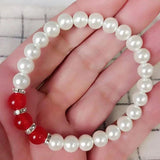 8mm Shell Pearl & Red Jade Beads Bracelet 7.5 Inch