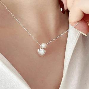 925 Silver Pearl Heart Pendant Necklace Women Jewelry
