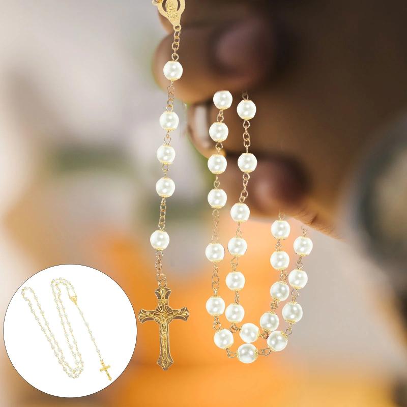 Vintage Pearl Pendant Rosary Beads Necklace Small Chain