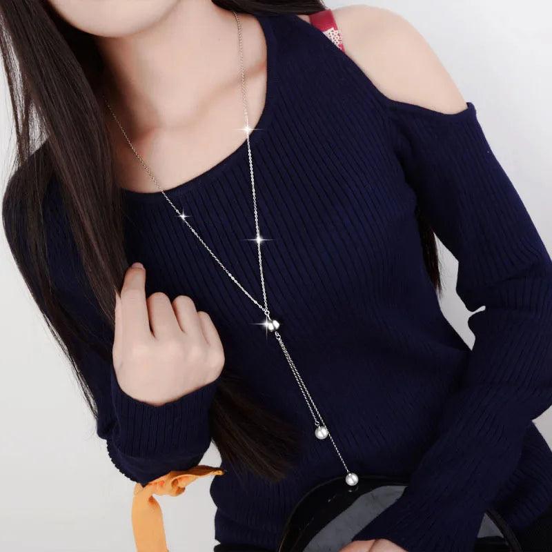 925 Sterling Silver Necklace Ball Beads Pearl Sweater Long Chain Choker