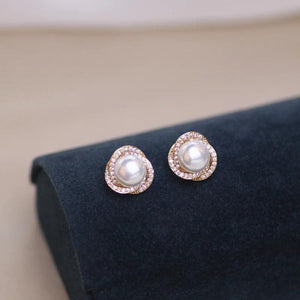 Round Pearl CZ Stud Earrings Wedding Party Jewelry