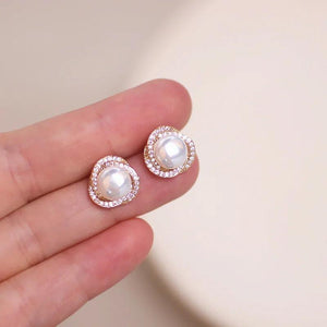Round Pearl CZ Stud Earrings Wedding Party Jewelry