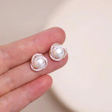 Round Pearl CZ Stud Earrings Wedding Party Jewelry