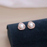 Round Pearl CZ Stud Earrings Wedding Party Jewelry