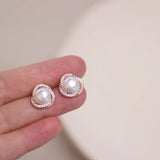 Round Pearl CZ Stud Earrings Wedding Party Jewelry
