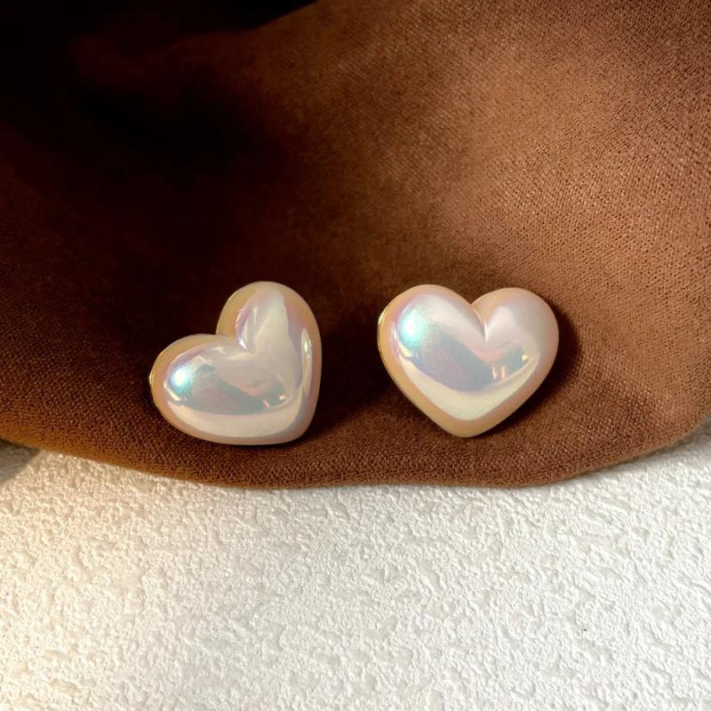 925 Silver Needle Heart Earrings Simulated Pearl, Colorful Love Heart Jewelry