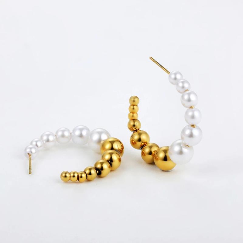 Stainless Steel Beads Studs Simulated Pearls Circle Stud Earrings