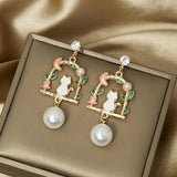Sweet Cat Rabbit Stud Earrings For Women Flower Star Heart Pearl Tassel Dangle