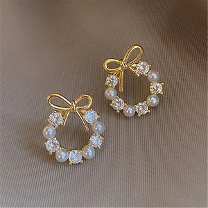 Crystal Wreath Bow Stud Earrings Pearls Jewelry Gift