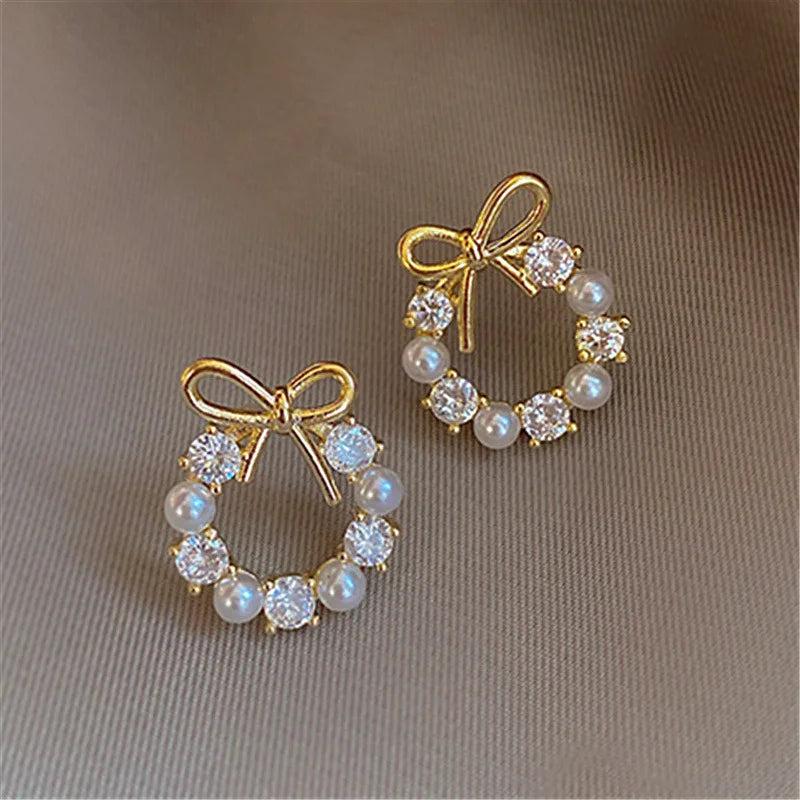 Crystal Wreath Bow Stud Earrings Pearls Jewelry Gift