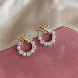 Crystal Wreath Bow Stud Earrings Pearls Jewelry Gift