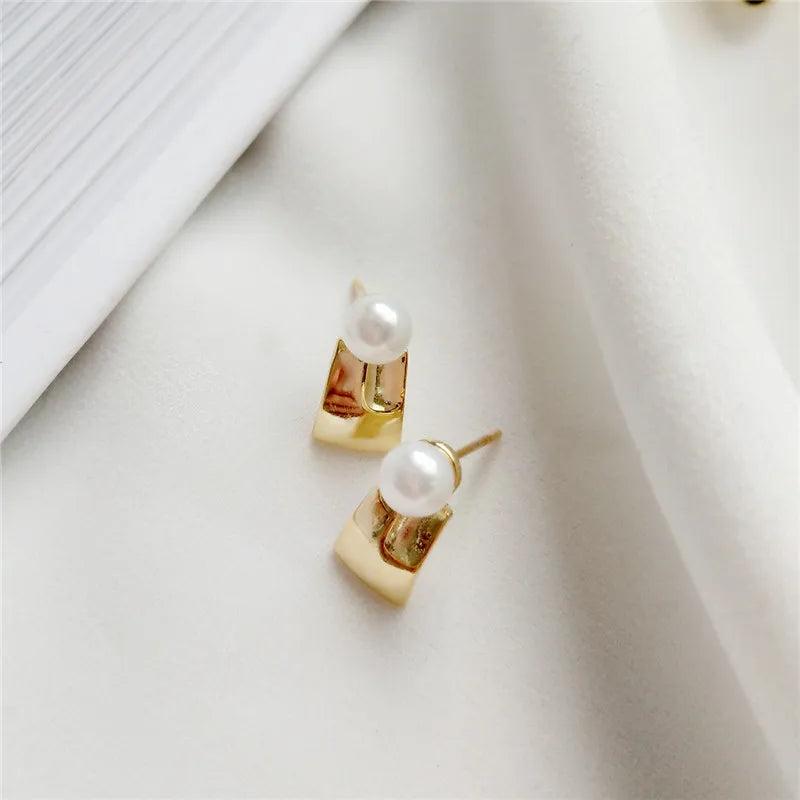 925 Silver Geometric Pearl Stud Earrings Korea Jewelry