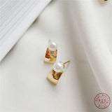925 Silver Geometric Pearl Stud Earrings Korea Jewelry