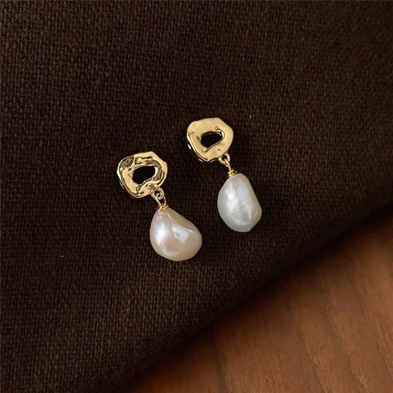 French Baroque Freshwater Pearl Stud Earrings for Women 14k Plated