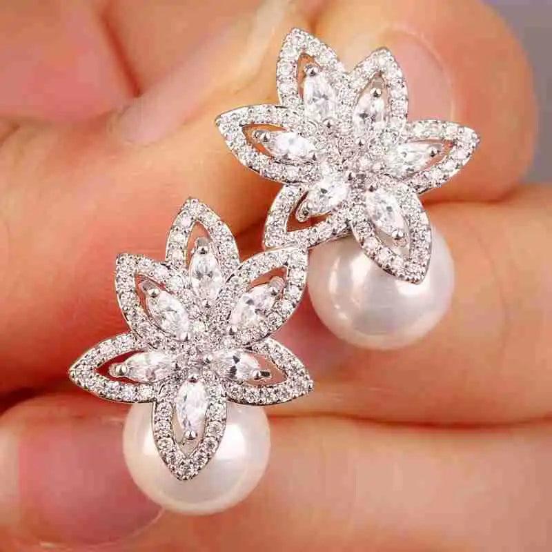Pearl CZ Flower Earrings Wedding Jewelry Pendientes