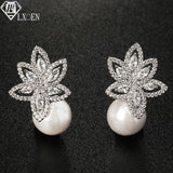 Pearl CZ Flower Earrings Wedding Jewelry Pendientes