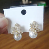 Pearl CZ Flower Earrings Wedding Jewelry Pendientes