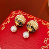 Vintage Enamel Earrings Sparkling Zircon Pearl Jewelry