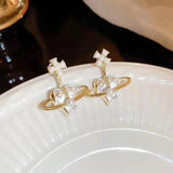 Vintage Pearl Heart Planet Stud Earrings Cross Crystal Party Accessories