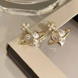 Vintage Pearl Heart Planet Stud Earrings Cross Crystal Party Accessories
