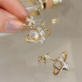Vintage Pearl Heart Planet Stud Earrings Cross Crystal Party Accessories