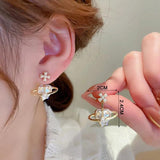 Vintage Pearl Heart Planet Stud Earrings Cross Crystal Party Accessories