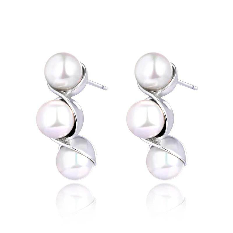 Round Pearls Geometric Earrings Women Stainless Steel Silver JE23123