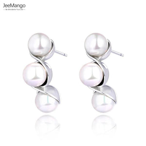 Round Pearls Geometric Earrings Women Stainless Steel Silver JE23123