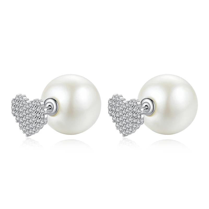 Heart CZ Pearl Double Sided Earring Studs Christmas UE0785