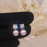 Real Natural Freshwater Pearl Stud Earrings Zircon Crystal Wedding Jewelry