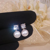 Real Natural Freshwater Pearl Stud Earrings Zircon Crystal Wedding Jewelry