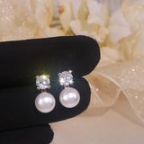 Real Natural Freshwater Pearl Stud Earrings Zircon Crystal Wedding Jewelry