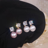 Real Natural Freshwater Pearl Stud Earrings Zircon Crystal Wedding Jewelry