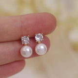 Real Natural Freshwater Pearl Stud Earrings Zircon Crystal Wedding Jewelry