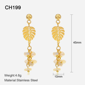 Maple Leaf Ball Stud Earrings Stainless Steel Plated Chains Pearl Wedding