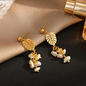 Maple Leaf Ball Stud Earrings Stainless Steel Plated Chains Pearl Wedding