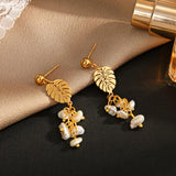 Maple Leaf Ball Stud Earrings Stainless Steel Plated Chains Pearl Wedding