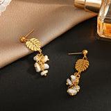 Maple Leaf Ball Stud Earrings Stainless Steel Plated Chains Pearl Wedding