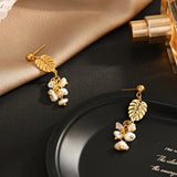 Maple Leaf Ball Stud Earrings Stainless Steel Plated Chains Pearl Wedding