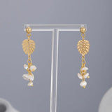 Maple Leaf Ball Stud Earrings Stainless Steel Plated Chains Pearl Wedding