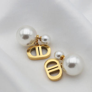 D Letter Titanium Steel Earrings with Pearl Pendant
