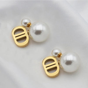 D Letter Titanium Steel Earrings with Pearl Pendant