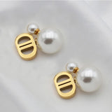 D Letter Titanium Steel Earrings with Pearl Pendant