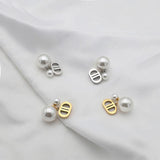 D Letter Titanium Steel Earrings with Pearl Pendant