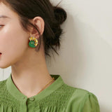 Green Retro Resin Metal Stud Earrings for Women Girls